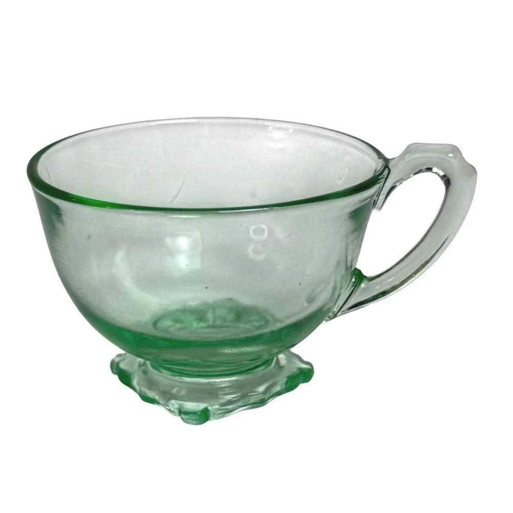 Vintage Green Uranium Glass Teacup Footed Scalloped Base UV Glow